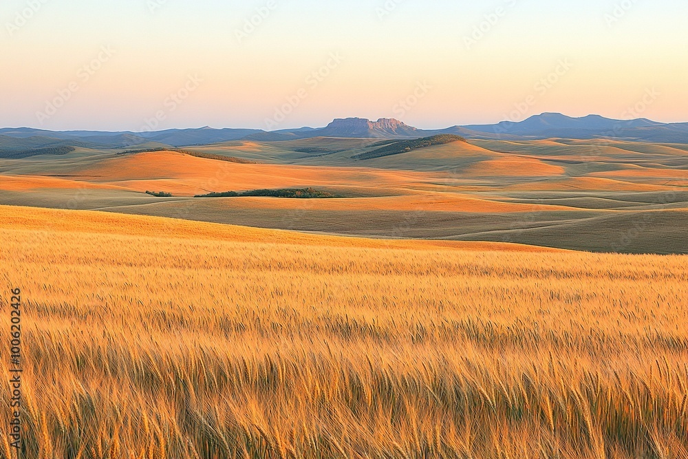 A detailed close-up panoramic view of golden wheat fields gently swaying in the breeze under a clear azure sky during a vibrant sunset. Warm sunlight casts a golden glow over the landscape. A detailed close-up panoramic view of golden wheat fields gently swaying in the breeze under a clear azure sky during a vibrant sunset. Warm sunlight casts a golden glow over the landscape.