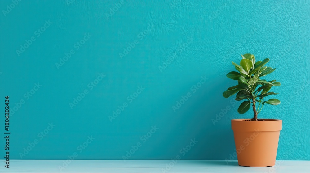 Minimalist green potted plant against a vibrant turquoise wall, creating a fresh and modern indoor decor concept. Minimalist green potted plant against a vibrant turquoise wall, creating a fresh and modern indoor decor concept.
