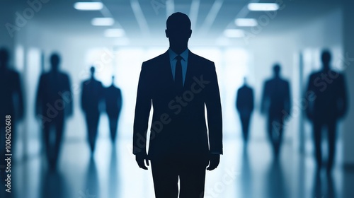 Silhouettes of business people walking in a modern office hallway, emphasizing professionalism and teamwork.