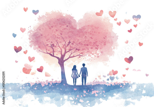 Couple standing under a blossoming tree, surrounded by floating hearts in a s...