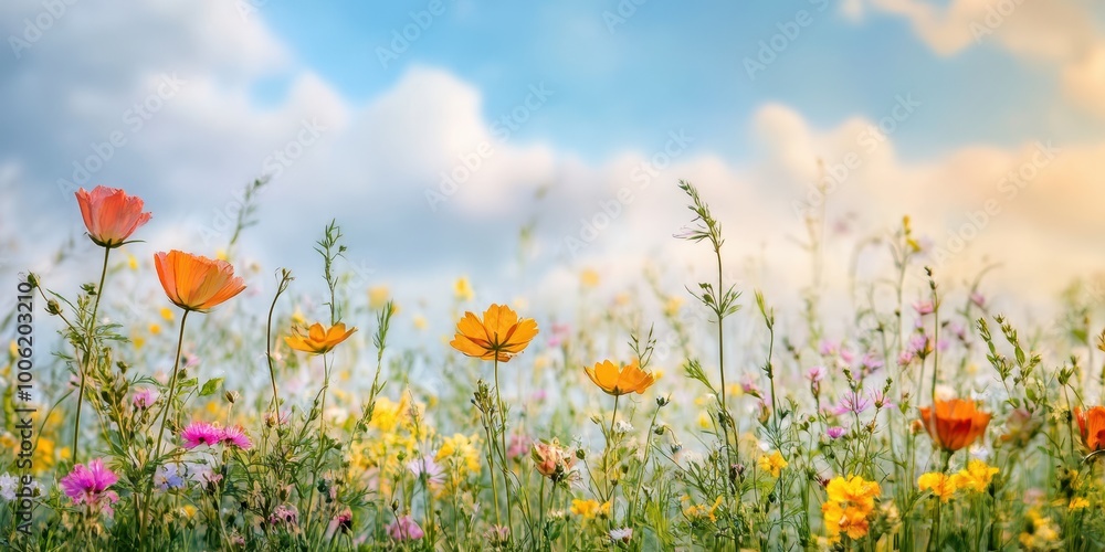 Naklejka premium A vibrant field of wildflowers under a clear blue sky, showcasing nature's beauty and colorful blossoms in full bloom.
