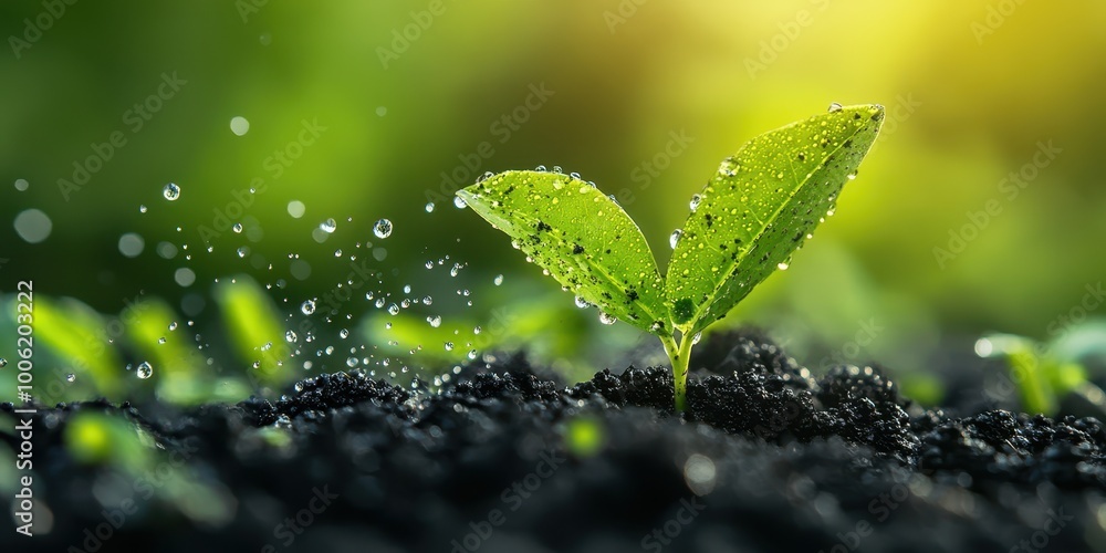 A vibrant green seedling emerging from dark soil, surrounded by droplets of water and bathed in warm sunlight. A vibrant green seedling emerging from dark soil, surrounded by droplets of water and bathed in warm sunlight.
