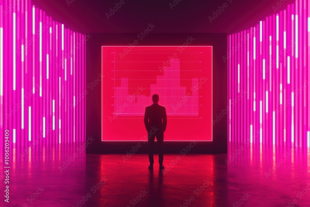 Businessman observing data visualization in a modern, vibrant setting. Businessman observing data visualization in a modern, vibrant setting.