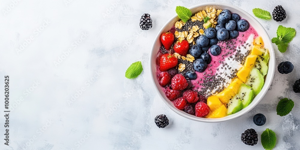A vibrant smoothie bowl topped with fresh fruits, granola, and seeds, perfect for a healthy breakfast or snack. A vibrant smoothie bowl topped with fresh fruits, granola, and seeds, perfect for a healthy breakfast or snack.