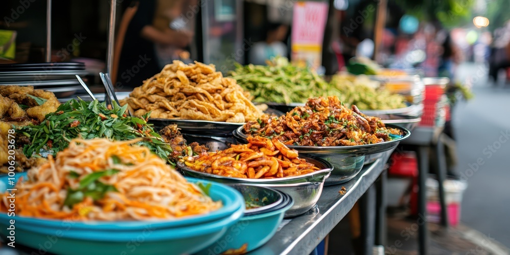 Fototapeta premium A vibrant street food scene showcasing an array of colorful dishes served in bowls, perfect for food lovers and culinary enthusiasts.