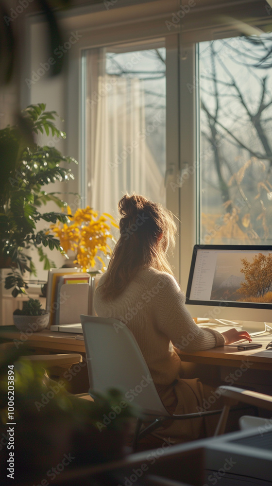A woman sits at a desk with a computer monitor in front of her A woman sits at a desk with a computer monitor in front of her