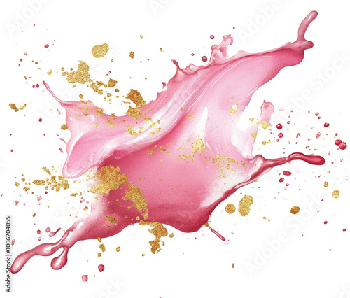 Vibrant pink and gold watercolor abstract art splashes created on a white can...
