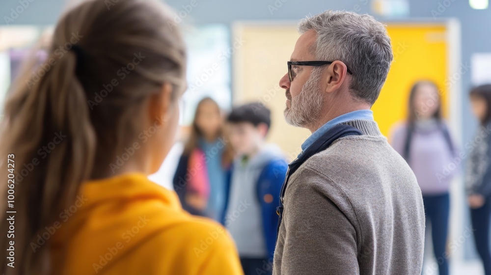 a teacher with viewed from behind standing in a school space facing pupils who are looking at him and slightly out of focus a teacher with viewed from behind standing in a school space facing pupils who are looking at him and slightly out of focus