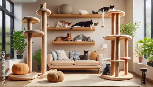 a nice house adorned with multiple cat trees, each occupied by contented felines lounging and playing amidst the comfortable surroundings.