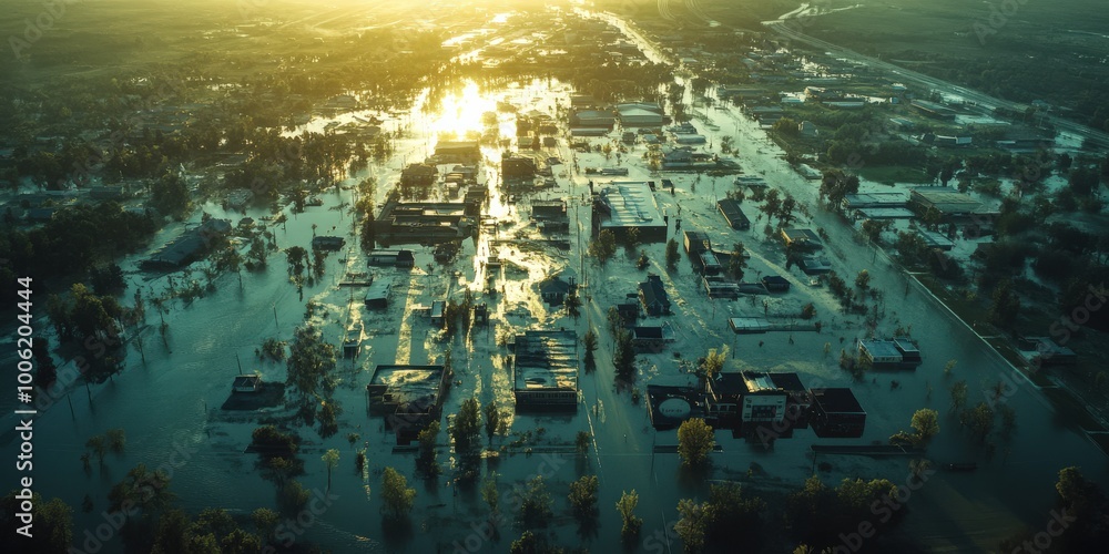 Obraz premium Aerial View of Flooded City Streets and Submerged Houses