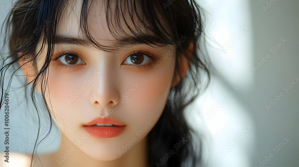 Close-up Portrait of a Woman with Long Black Hair and Natural Makeup Close-up Portrait of a Woman with Long Black Hair and Natural Makeup