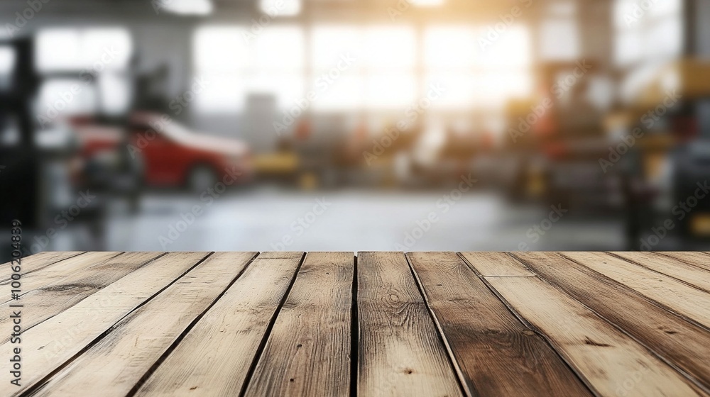 Rustic wooden tabletop in foreground, blurred auto repair shop interior in background. Sunlight streams through windows, illuminating workstations and vehicles. Rustic wooden tabletop in foreground, blurred auto repair shop interior in background. Sunlight streams through windows, illuminating workstations and vehicles.