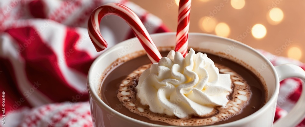 Image showcases hot chocolate topped with whipped cream and striped candy canes, evoking a warm, festive winter atmosphere Image showcases hot chocolate topped with whipped cream and striped candy canes, evoking a warm, festive winter atmosphere