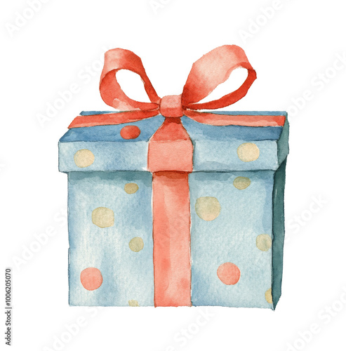 Festively wrapped gift box adorned with greenery and ribbon sits on a bright ...