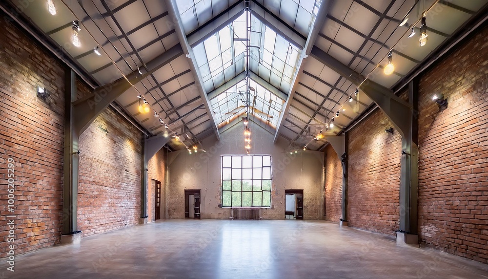 a spacious brick concrete hall in soft, light colors, illuminated by an array of stylish ceiling lamps. The hall should exude a modern industrial aesthetic, with a balance of warmth and minimalism. a spacious brick concrete hall in soft, light colors, illuminated by an array of stylish ceiling lamps. The hall should exude a modern industrial aesthetic, with a balance of warmth and minimalism.