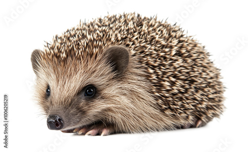 Curious hedgehog sitting quietly on a white surface in a bright, minimalistic...