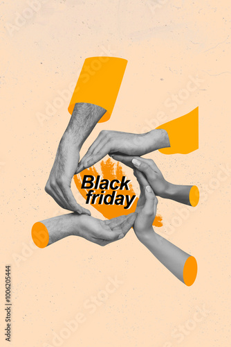 Trend artwork sketch image photo collage of sale discount offer low price arms hands gesture nonverbal language circle banner black friday