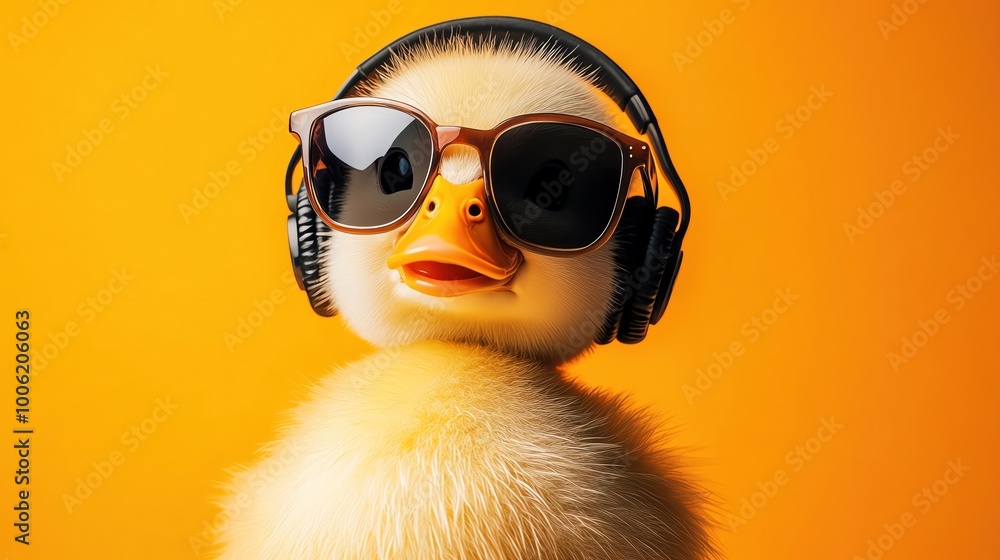 A duck wearing headphones and sunglasses against a vibrant orange background, looking cool and relaxed A duck wearing headphones and sunglasses against a vibrant orange background, looking cool and relaxed