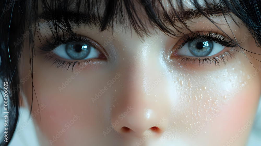 Close Up of Glowing Skin with Blue Eyes and Dewy Finish Close Up of Glowing Skin with Blue Eyes and Dewy Finish