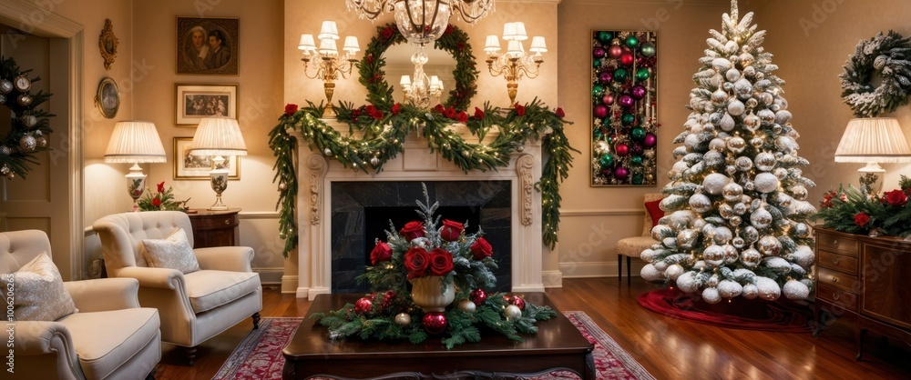 Obraz premium Cozy living room decorated for Christmas with a beautifully adorned tree, festive wreaths, and elegant furnishings, creating a warm holiday atmosphere