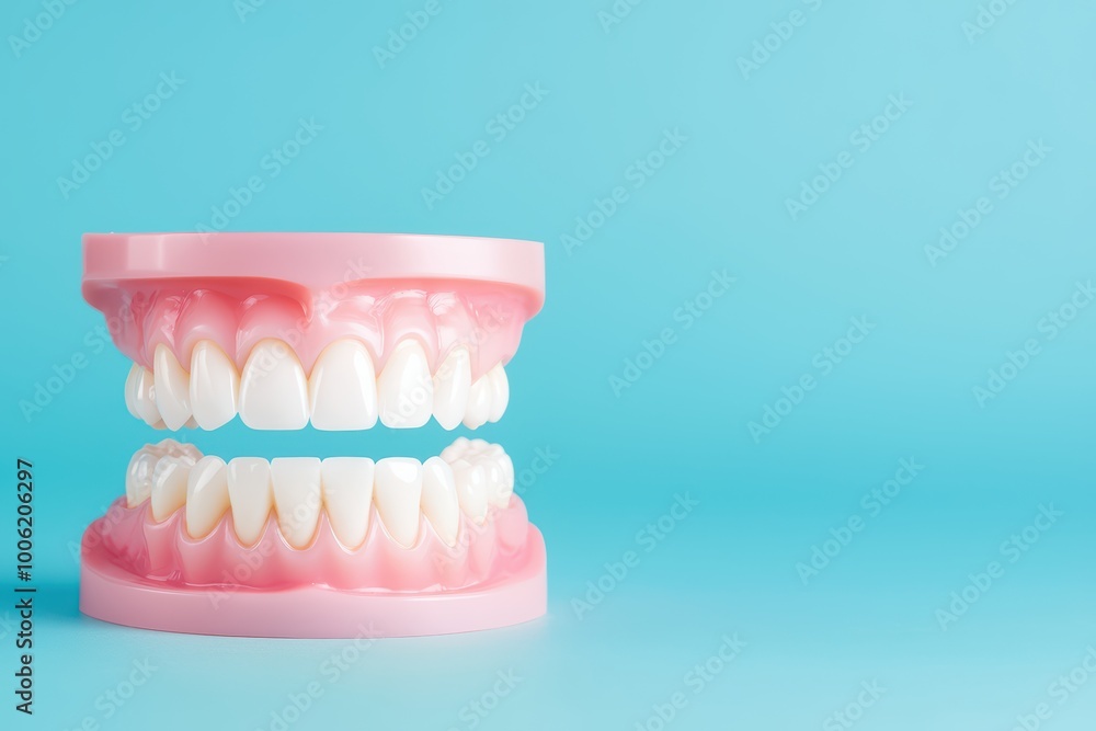 Dental model with realistic teeth, isolated on a light blue background. Dental model with realistic teeth, isolated on a light blue background.