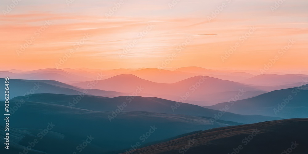 Fototapeta premium Breathtaking landscape at sunset, showcasing rolling mountains and soft pastel hues in the sky, evoking peace and serenity.