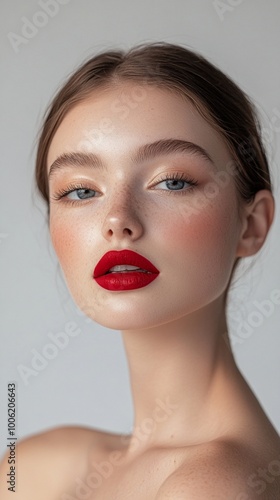 Close-up portrait of a young woman with flawless skin, bright red lips, and striking blue eyes against a neutral background, showcasing glamorous makeup.