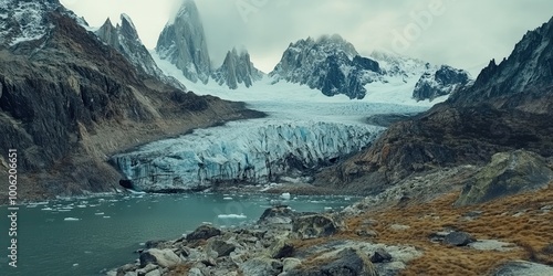 Breathtaking mountain landscape featuring a majestic glacier and tranquil lake, surrounded by towering peaks and dramatic skies.