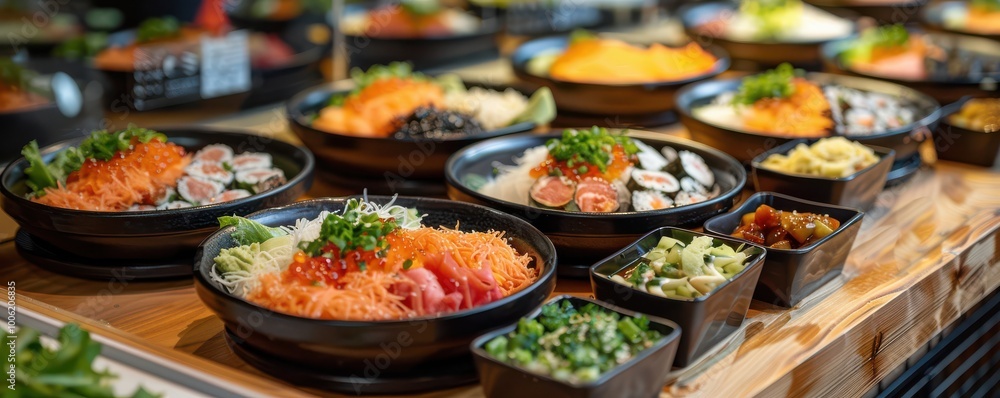 Assorted Japanese sushi and rolls served with side dishes, beautifully presented meal. Free copy space for banner. Assorted Japanese sushi and rolls served with side dishes, beautifully presented meal. Free copy space for banner.