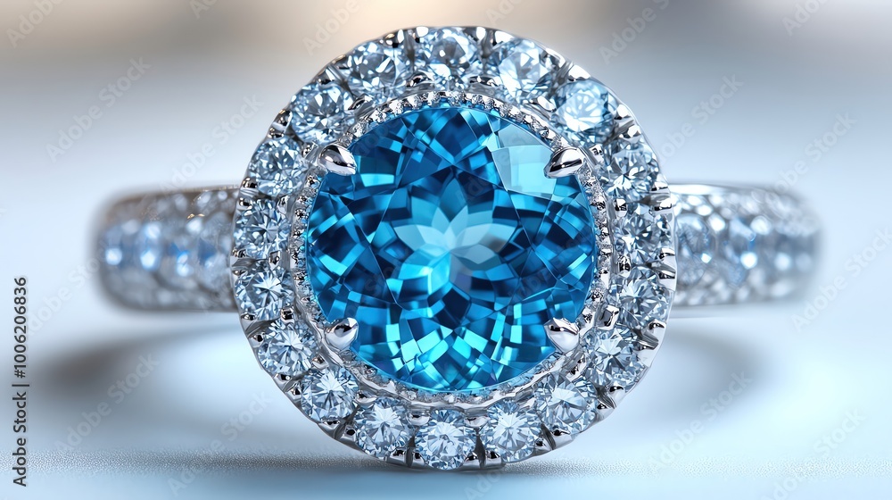 Bright aquamarine ring surrounded by diamonds, glittering with blue and white reflections Bright aquamarine ring surrounded by diamonds, glittering with blue and white reflections