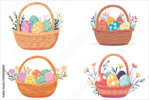 Easter eggs basket, Happy Easter day colorful eggs, Easter basket with eggs and flowers, Easter colorful eggs basket with filled, Easter day colorful eggs basket and colorful flowers