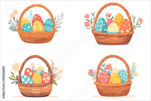 Easter eggs basket, Happy Easter day colorful eggs, Easter basket with eggs and flowers, Easter colorful eggs basket with filled, Easter day colorful eggs basket and colorful flowers