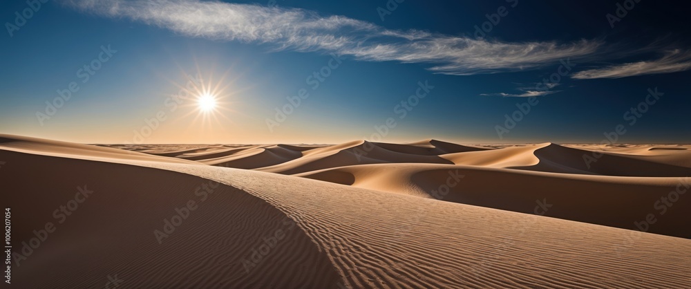 Naklejka premium Vast desert landscape with undulating sand dunes under a bright sun Evokes serenity and warmth, ideal for travel or nature themes
