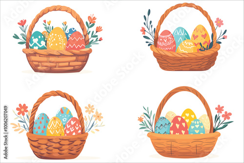 Easter eggs basket, Happy Easter day colorful eggs, Easter basket with eggs and flowers, Easter colorful eggs basket with filled, Easter day colorful eggs basket and colorful flowers