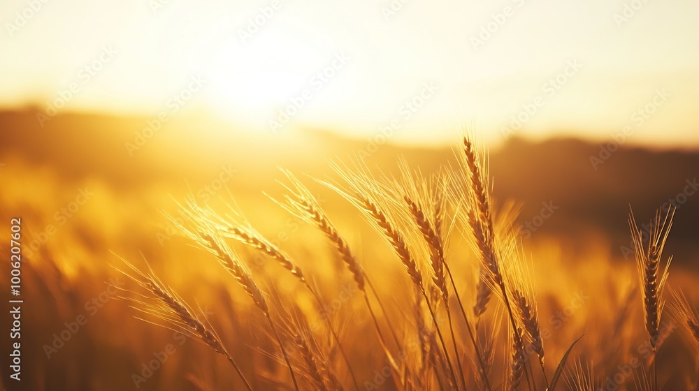 A detailed close-up panoramic view of golden wheat fields gently swaying in the breeze under a clear azure sky during a vibrant sunset. Warm sunlight casts a golden glow over the landscape. A detailed close-up panoramic view of golden wheat fields gently swaying in the breeze under a clear azure sky during a vibrant sunset. Warm sunlight casts a golden glow over the landscape.