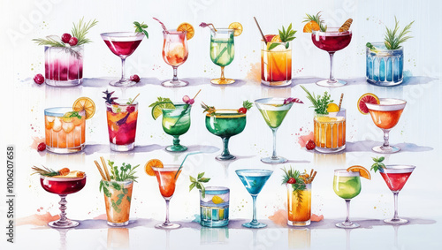 Alcoholic cocktails hand drawn illustration. Sketch set. Moscow mule, bloody mary, pina colada, mojito, margarita, daiquiri, Mimosa, long island iced tea, Bellini, margarita.AI generated