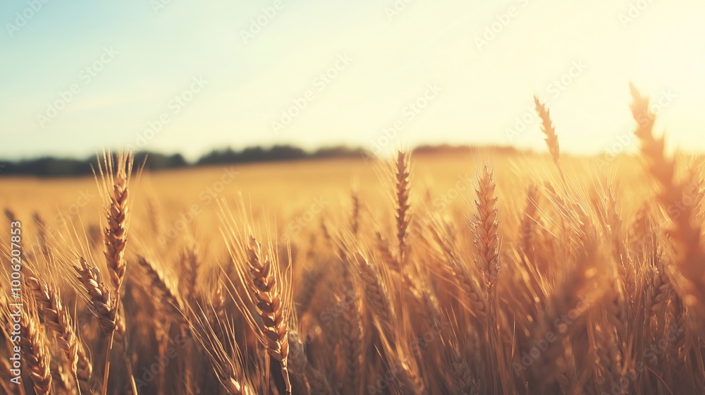 A detailed close-up panoramic view of golden wheat fields gently swaying in the breeze under a clear azure sky during a vibrant sunset. Warm sunlight casts a golden glow over the landscape. A detailed close-up panoramic view of golden wheat fields gently swaying in the breeze under a clear azure sky during a vibrant sunset. Warm sunlight casts a golden glow over the landscape.