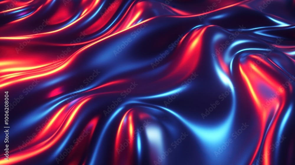 A futuristic wavy surface with glowing red and blue light reflections, showcasing smooth metallic textures, ideal for technology, design, and abstract art themes. A futuristic wavy surface with glowing red and blue light reflections, showcasing smooth metallic textures, ideal for technology, design, and abstract art themes.