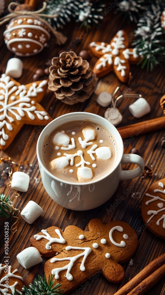 Festive winter scene with a cozy mug of hot cocoa adorned with marshmallow snowflake, surrounded by gingerbread cookies and pine cones on rustic wooden table. Festive winter scene with a cozy mug of hot cocoa adorned with marshmallow snowflake, surrounded by gingerbread cookies and pine cones on rustic wooden table.