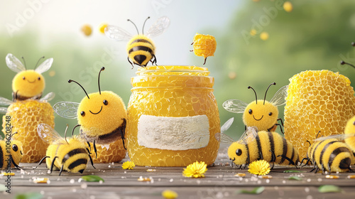 A group of playful bees with cheerful smiles, accompanied by beehives and a sweet jar of honey labeled 'Honey.'