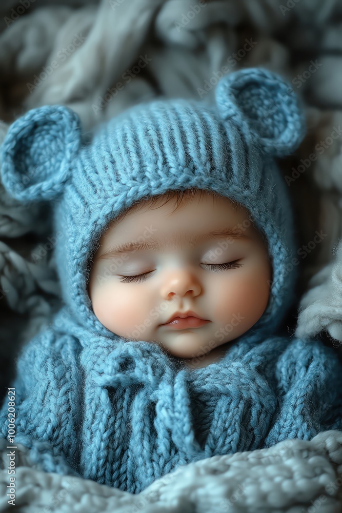Sleeping baby in a cozy blue knit outfit with bear ears, surrounded by soft blankets Sleeping baby in a cozy blue knit outfit with bear ears, surrounded by soft blankets