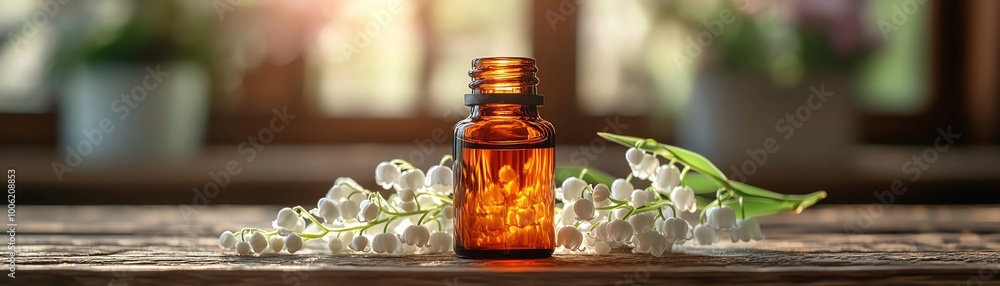 Tiny glass bottle of essential oil nestled among blooming lilyofthevalley flowers on a rustic table Tiny glass bottle of essential oil nestled among blooming lilyofthevalley flowers on a rustic table