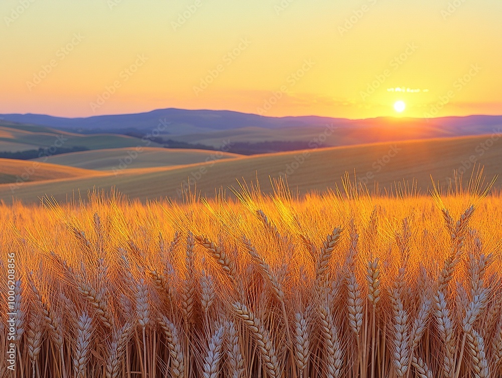 A detailed close-up panoramic view of golden wheat fields gently swaying in the breeze under a clear azure sky during a vibrant sunset. Warm sunlight casts a golden glow over the landscape. A detailed close-up panoramic view of golden wheat fields gently swaying in the breeze under a clear azure sky during a vibrant sunset. Warm sunlight casts a golden glow over the landscape.