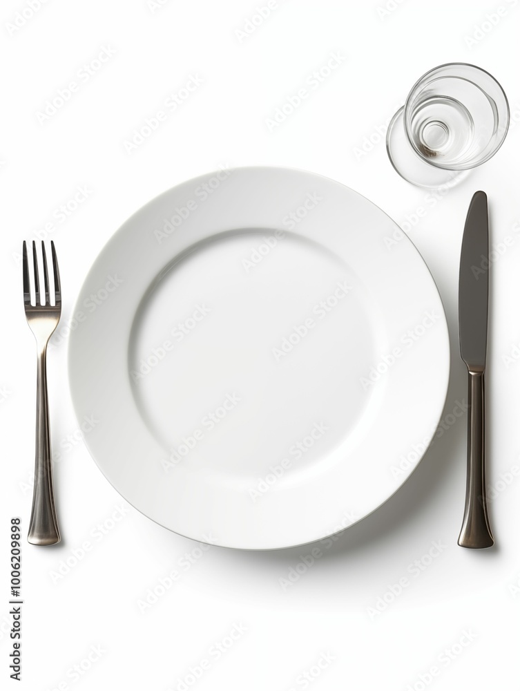 Top view of empty white ceramic plate with knife and fork isolated on white background. Generative ai Top view of empty white ceramic plate with knife and fork isolated on white background. Generative ai