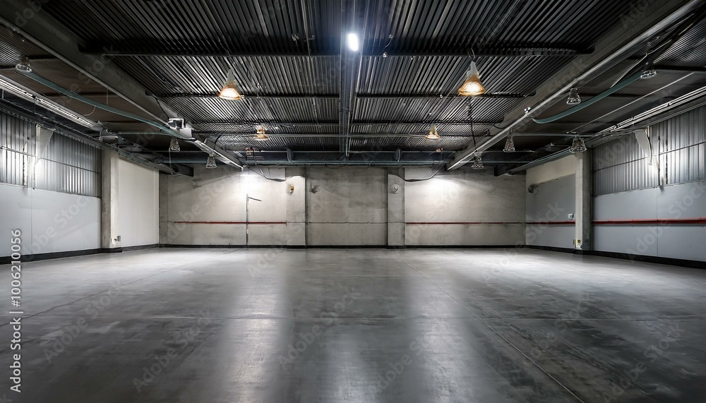 an empty concrete garage. The well-lit space features clean walls, a polished concrete floor, and modern hanging lamps, creating a minimalist and functional design. an empty concrete garage. The well-lit space features clean walls, a polished concrete floor, and modern hanging lamps, creating a minimalist and functional design.