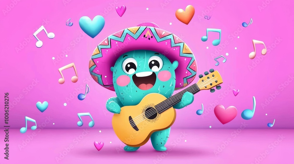 Fototapeta premium A playful cactus in a sombrero, passionately playing a guitar as hearts and music notes float around.