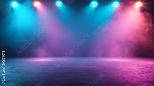 Theatrical stage with colorful lighting and smoke effects