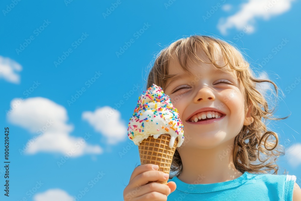 Happy child enjoying ice cream on a sunny day, blue sky background.