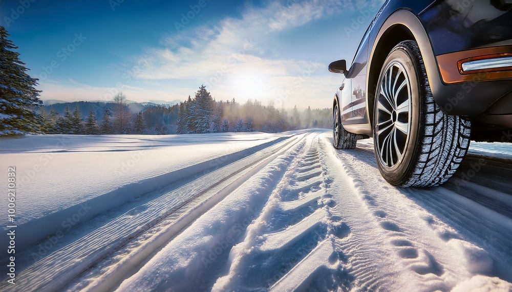 car tires equipped with specialized winter treads, gripping the snowy road surface. The image emphasizes the importance of reliable winter tires for safe driving. car tires equipped with specialized winter treads, gripping the snowy road surface. The image emphasizes the importance of reliable winter tires for safe driving.