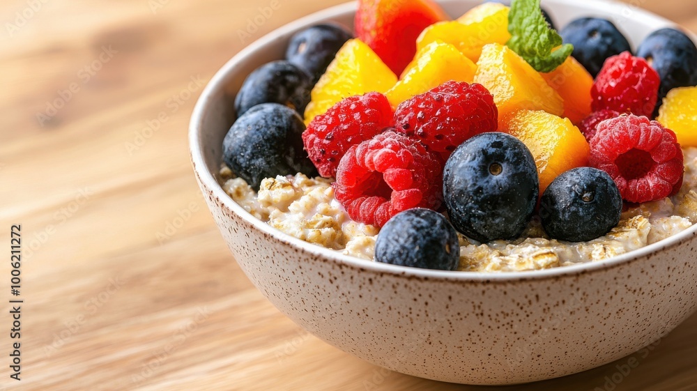Healthy bowl of oatmeal topped with fresh berries and tropical fruits. Healthy bowl of oatmeal topped with fresh berries and tropical fruits.